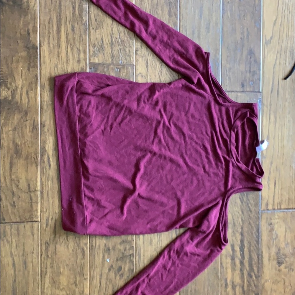 open shouldered maroon long sleeve t shirt